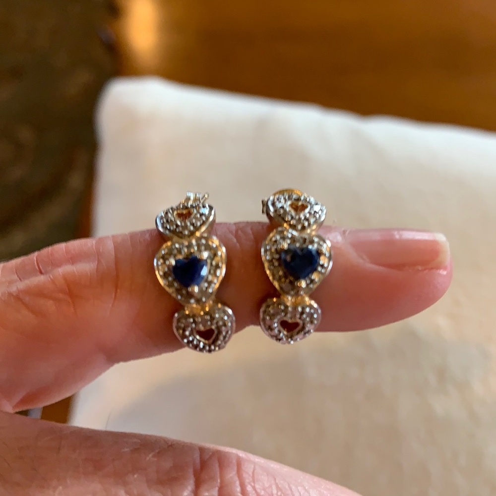 Macy’s gold half hoop hearts earrings with crystals and sapphire